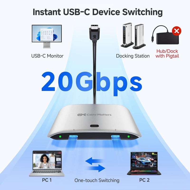 CableMatters مفتاح USB C بسرعة 20Gbps لجهازين كمبيوتر، حتى 8K@30Hz على نظام ويندوز، 4K@60Hz على نظام macOS، 140W PD، لمشاركة شاشة USB-C/Thunderbolt 4 أو محطة إرساء (ليس لمحطة إرساء مع كابل متصل) - Image 2